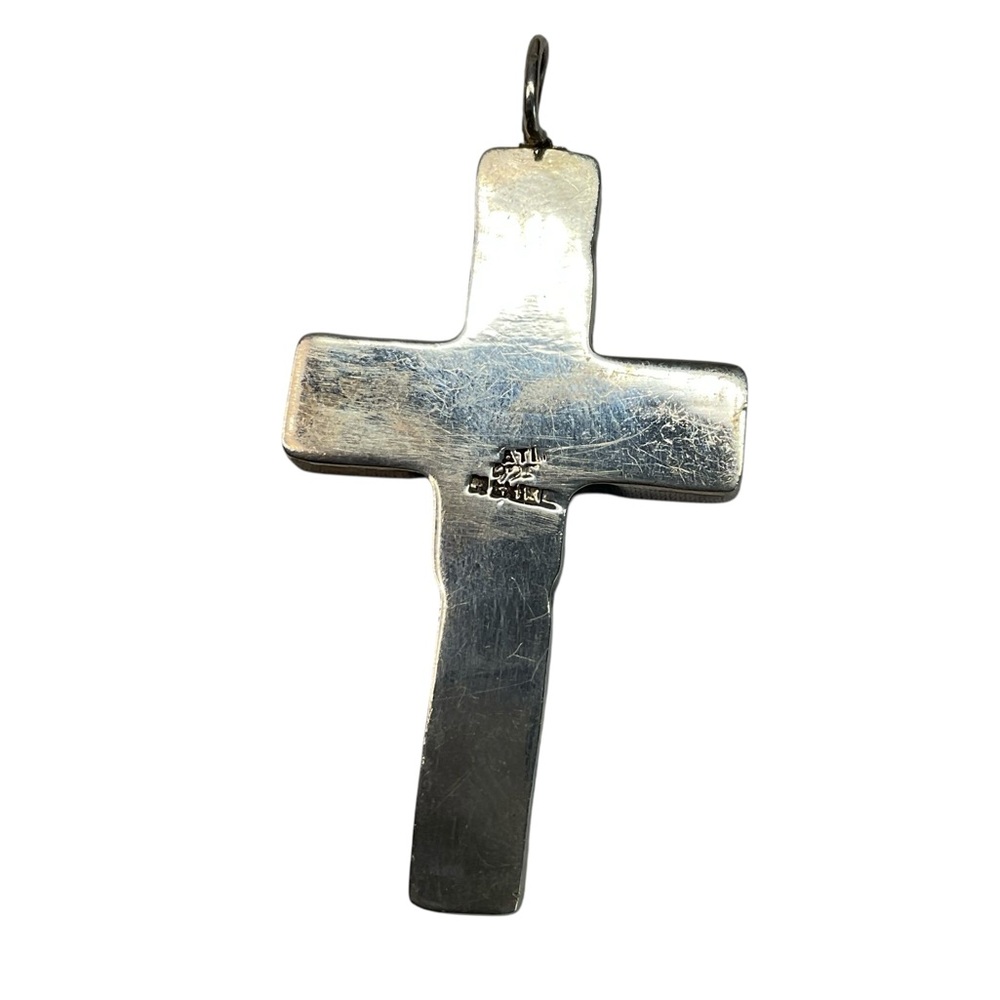Handcrafted ATL Taxco Mexico Sterling Silver Multi-Gemstone Inlay Cross Pendant - Picture 3 of 10
